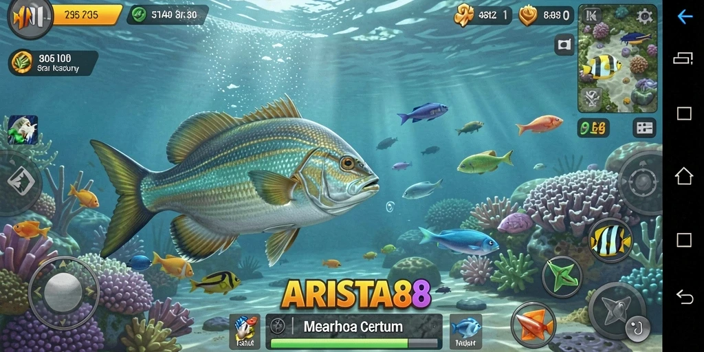 Screenshot utama ARISTA88 menampilkan gameplay menarik dengan berbagai ikan dan alat pancing.