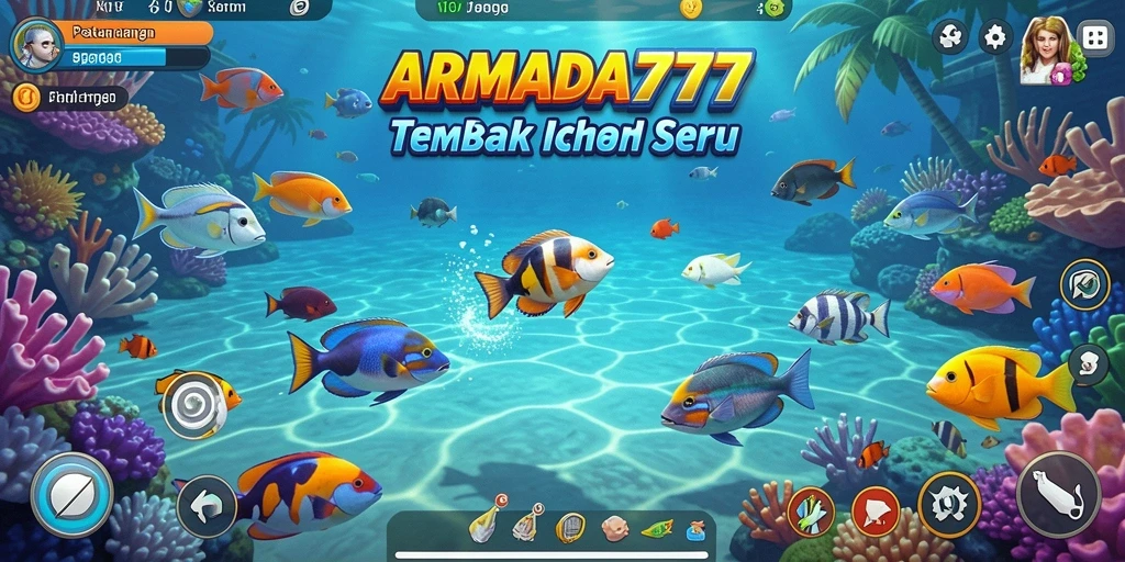 Screenshot utama ARMADA777 menampilkan aksi menembak ikan dengan efek visual menarik.