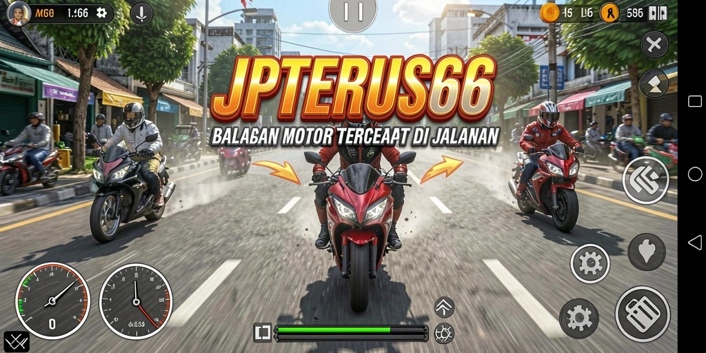 Screenshot gameplay JPTERUS66 menampilkan aksi balapan motor yang seru dan mendebarkan.