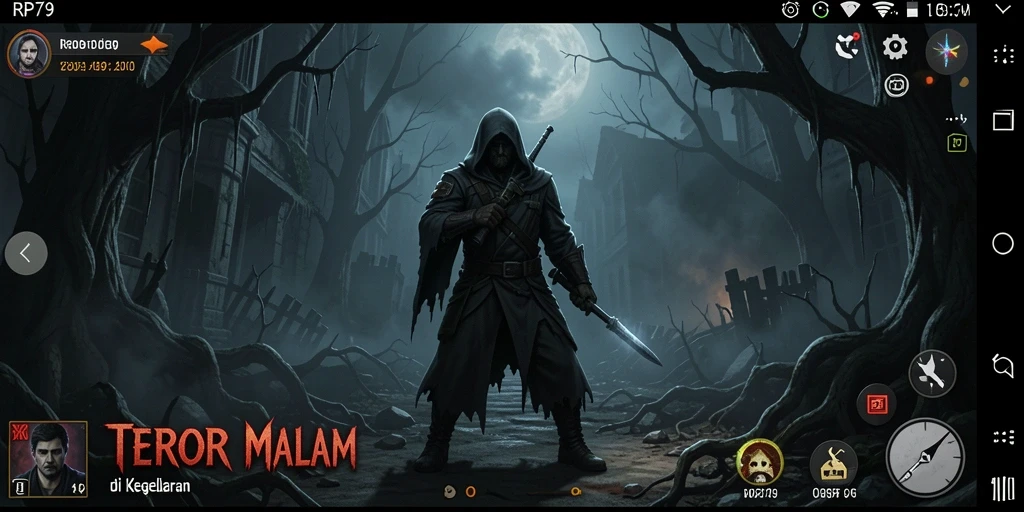 Screenshot gameplay RP79 menunjukkan suasana horor yang mencekam.